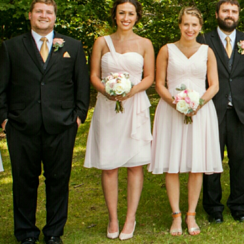 Azazie bridesmaid dress in style Madalynn knee length in Blushing Pink